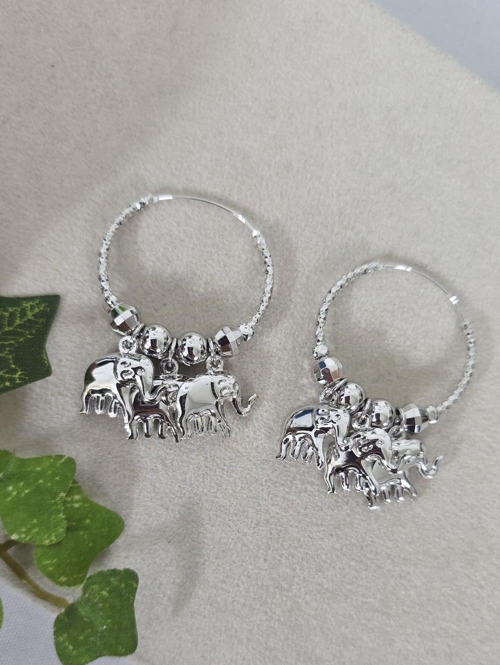 Silver White Gold Filled Hoop Earrings with Elephant Charms